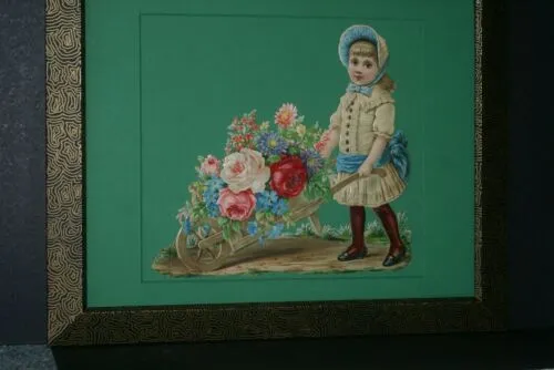 RARE EPHEMERA AMERICANA ANTIQUE WHIMSICAL ART 16 x 13” ORIGINAL 1880 LARGE VICTORIAN TRADE CARD AD DIE-CUT CHILD WHEELBARREL ROSES professionally framed in hand-painted detailed frame with 2 mats: DFPO2W WALL DÉCOR CUTE