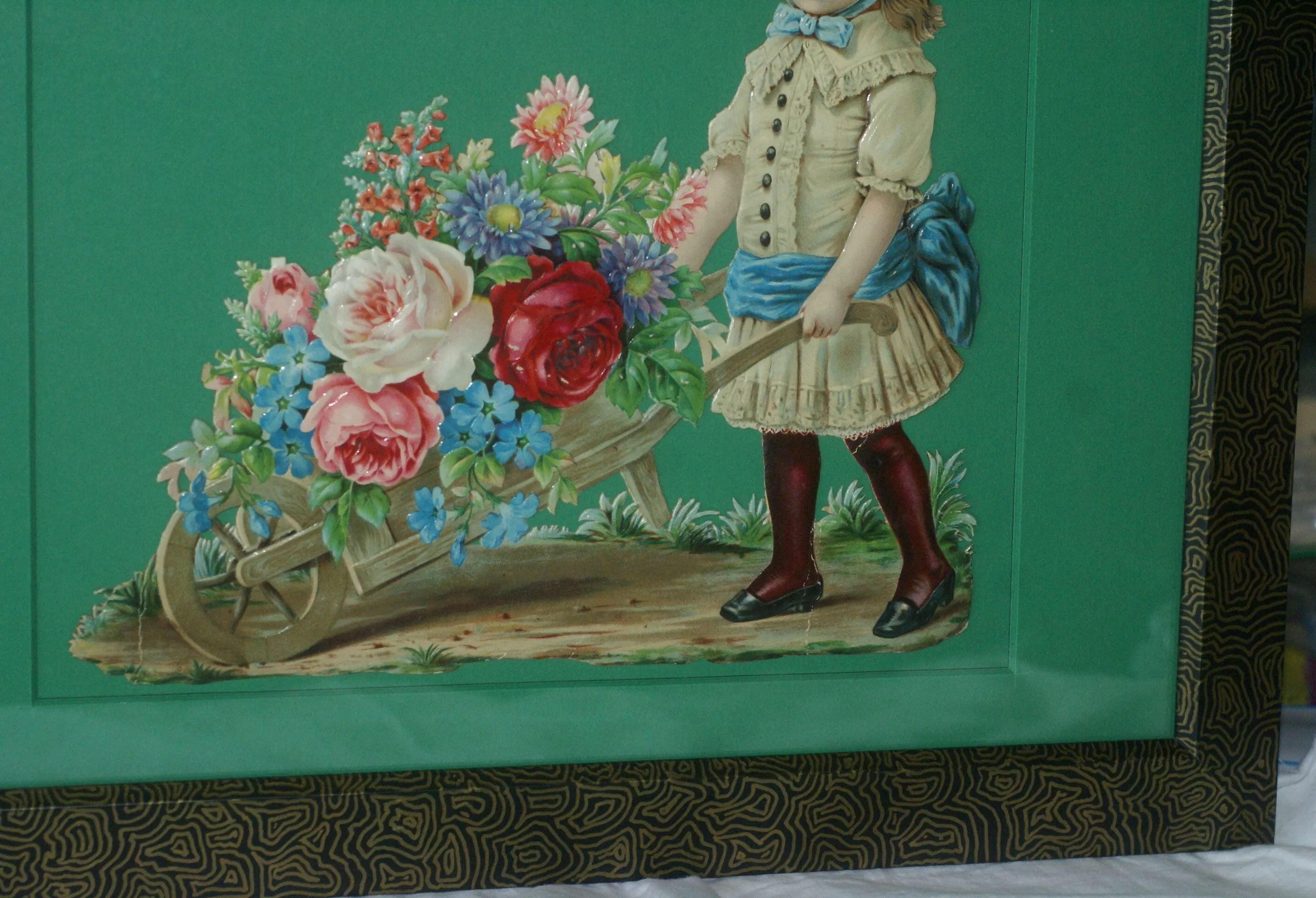 RARE EPHEMERA AMERICANA ANTIQUE WHIMSICAL ART 16 x 13” ORIGINAL 1880 LARGE VICTORIAN TRADE CARD AD DIE-CUT CHILD WHEELBARREL ROSES professionally framed in hand-painted detailed frame with 2 mats: DFPO2W WALL DÉCOR CUTE