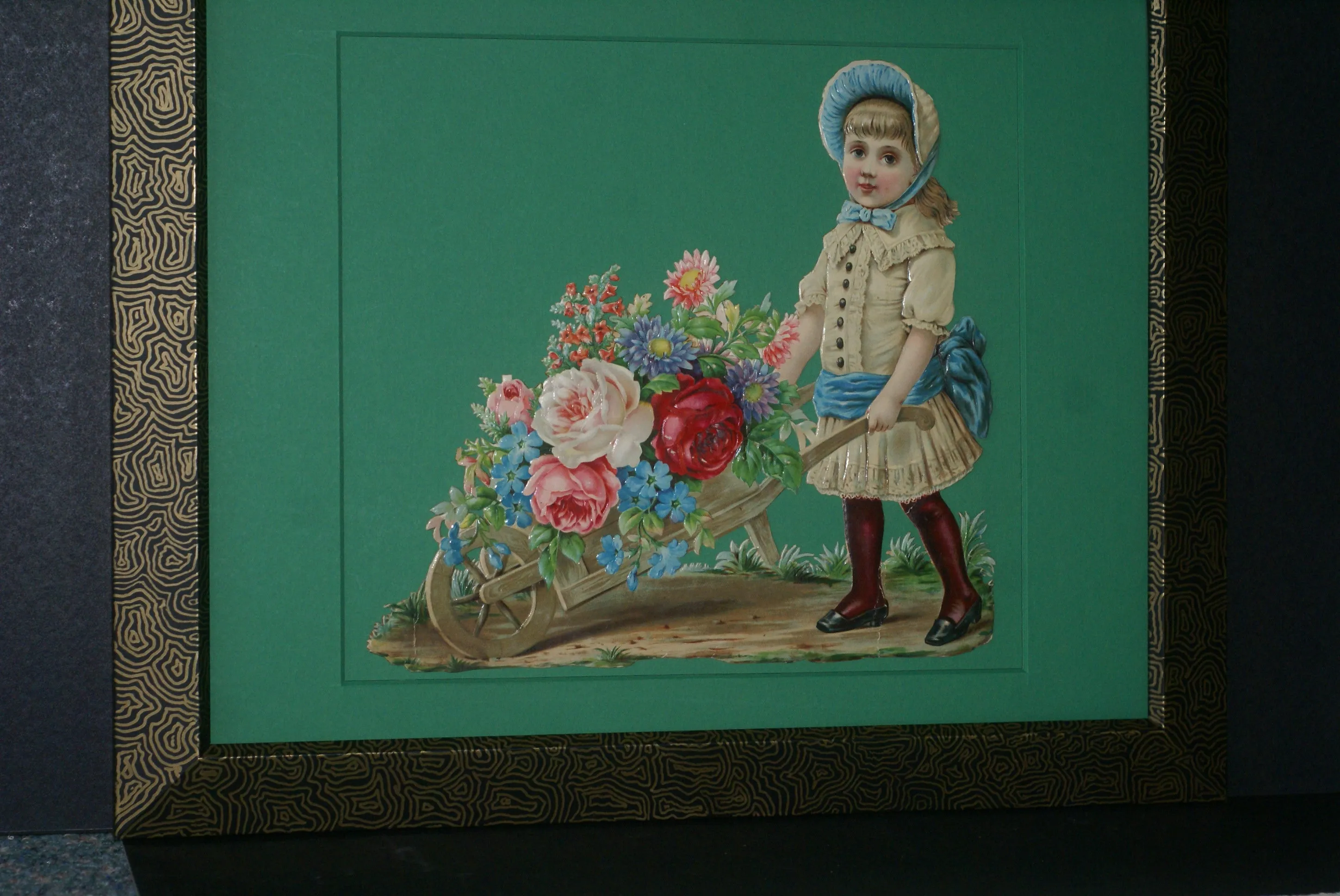 RARE EPHEMERA AMERICANA ANTIQUE WHIMSICAL ART 16 x 13” ORIGINAL 1880 LARGE VICTORIAN TRADE CARD AD DIE-CUT CHILD WHEELBARREL ROSES professionally framed in hand-painted detailed frame with 2 mats: DFPO2W WALL DÉCOR CUTE