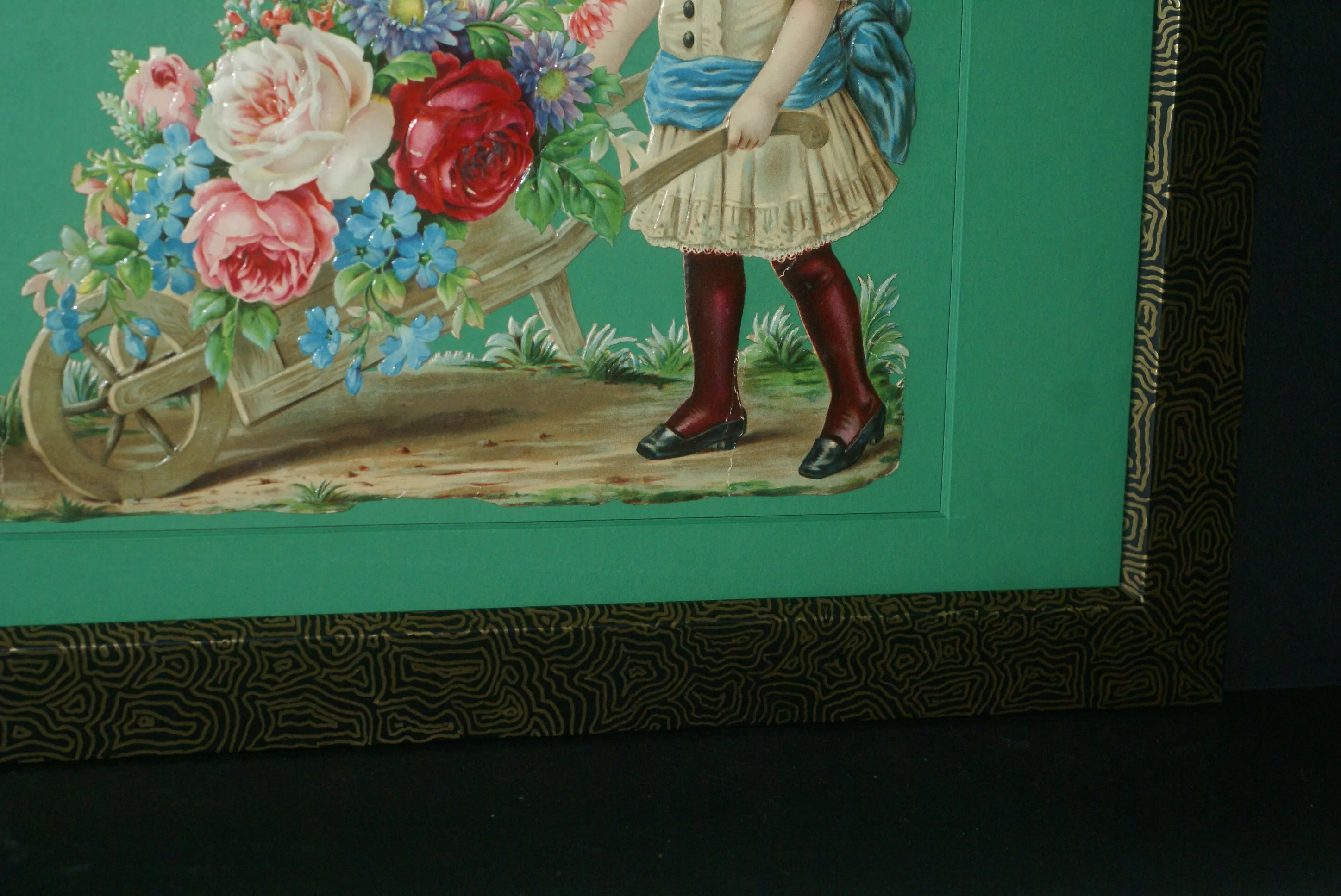 RARE EPHEMERA AMERICANA ANTIQUE WHIMSICAL ART 16 x 13” ORIGINAL 1880 LARGE VICTORIAN TRADE CARD AD DIE-CUT CHILD WHEELBARREL ROSES professionally framed in hand-painted detailed frame with 2 mats: DFPO2W WALL DÉCOR CUTE