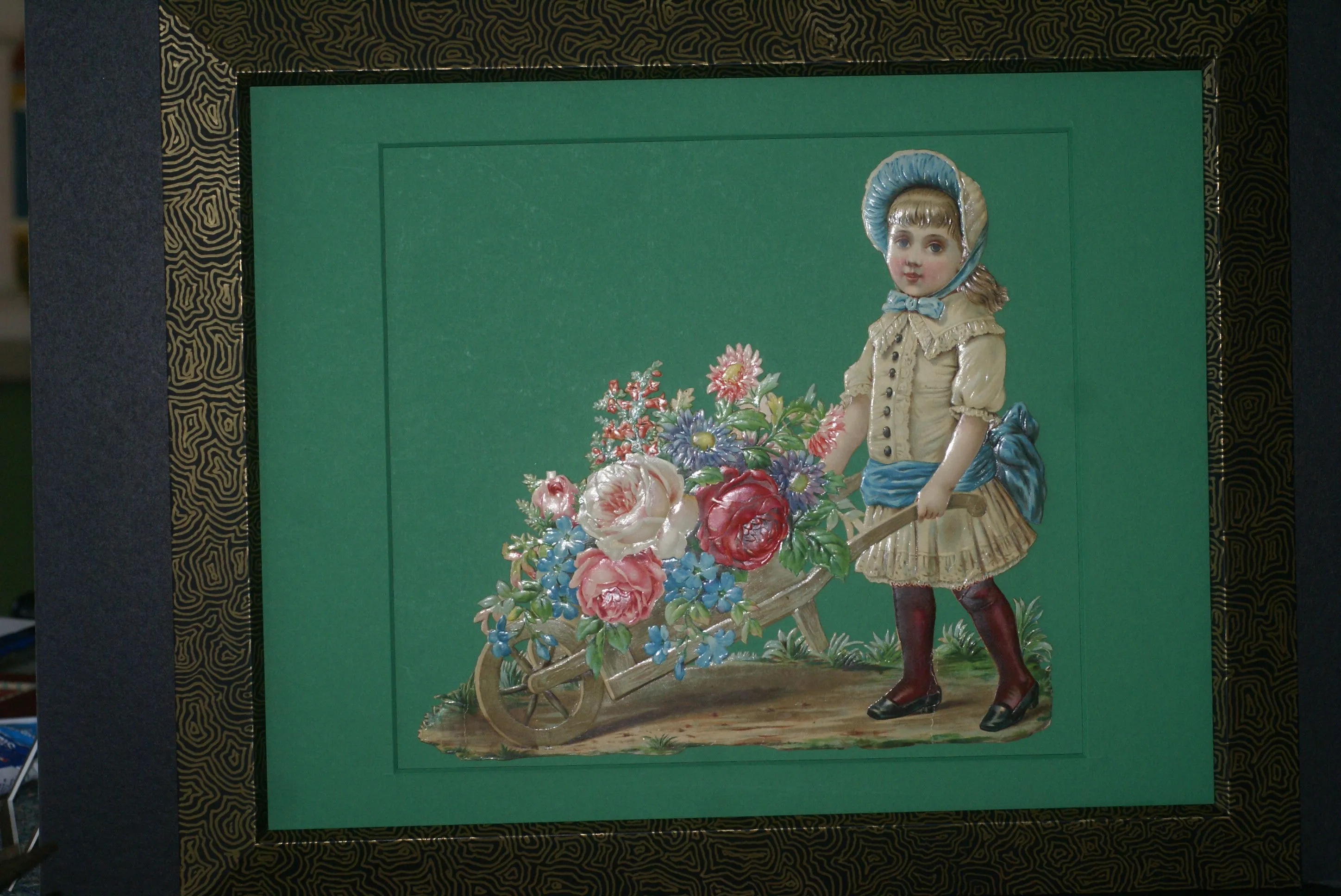 RARE EPHEMERA AMERICANA ANTIQUE WHIMSICAL ART 16 x 13” ORIGINAL 1880 LARGE VICTORIAN TRADE CARD AD DIE-CUT CHILD WHEELBARREL ROSES professionally framed in hand-painted detailed frame with 2 mats: DFPO2W WALL DÉCOR CUTE