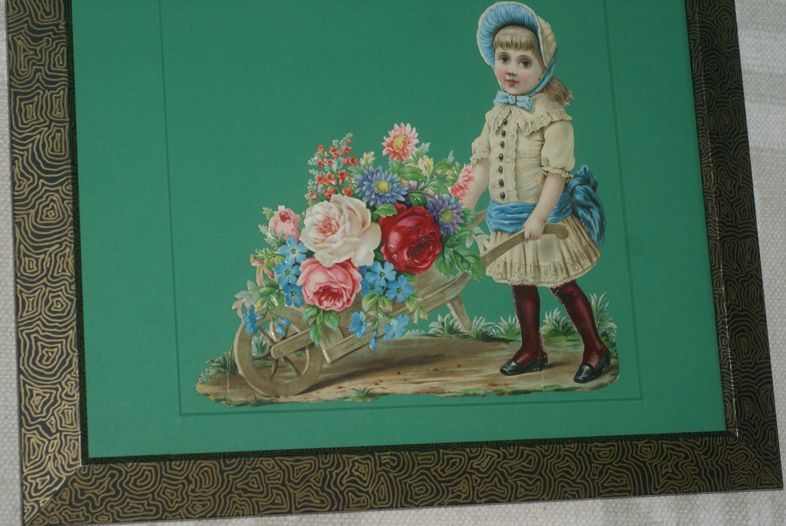 RARE EPHEMERA AMERICANA ANTIQUE WHIMSICAL ART 16 x 13” ORIGINAL 1880 LARGE VICTORIAN TRADE CARD AD DIE-CUT CHILD WHEELBARREL ROSES professionally framed in hand-painted detailed frame with 2 mats: DFPO2W WALL DÉCOR CUTE