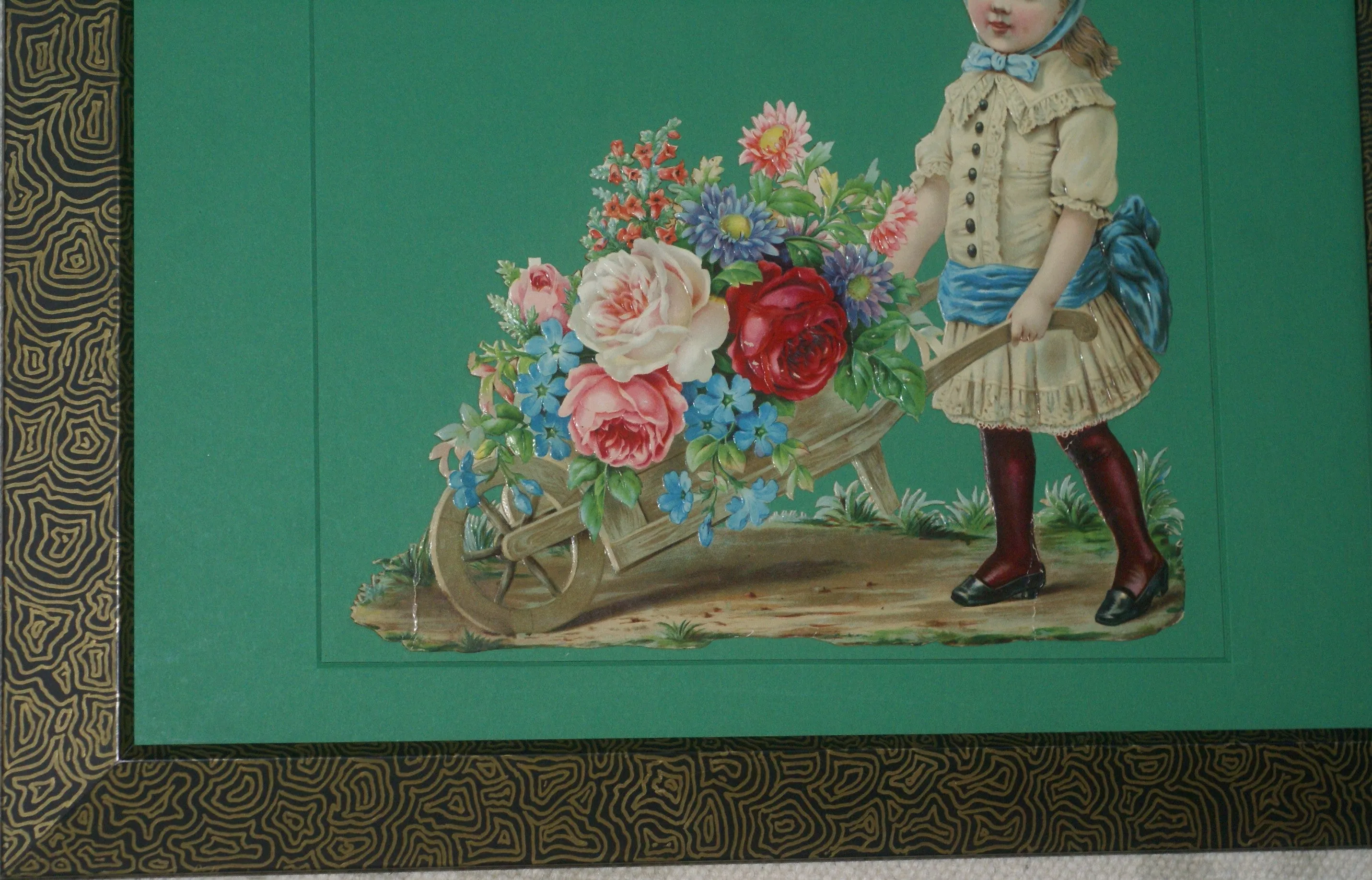 RARE EPHEMERA AMERICANA ANTIQUE WHIMSICAL ART 16 x 13” ORIGINAL 1880 LARGE VICTORIAN TRADE CARD AD DIE-CUT CHILD WHEELBARREL ROSES professionally framed in hand-painted detailed frame with 2 mats: DFPO2W WALL DÉCOR CUTE