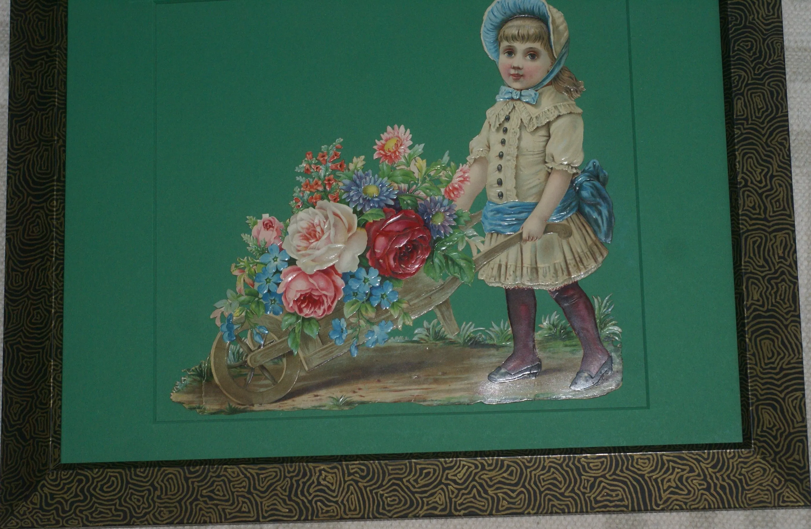 RARE EPHEMERA AMERICANA ANTIQUE WHIMSICAL ART 16 x 13” ORIGINAL 1880 LARGE VICTORIAN TRADE CARD AD DIE-CUT CHILD WHEELBARREL ROSES professionally framed in hand-painted detailed frame with 2 mats: DFPO2W WALL DÉCOR CUTE