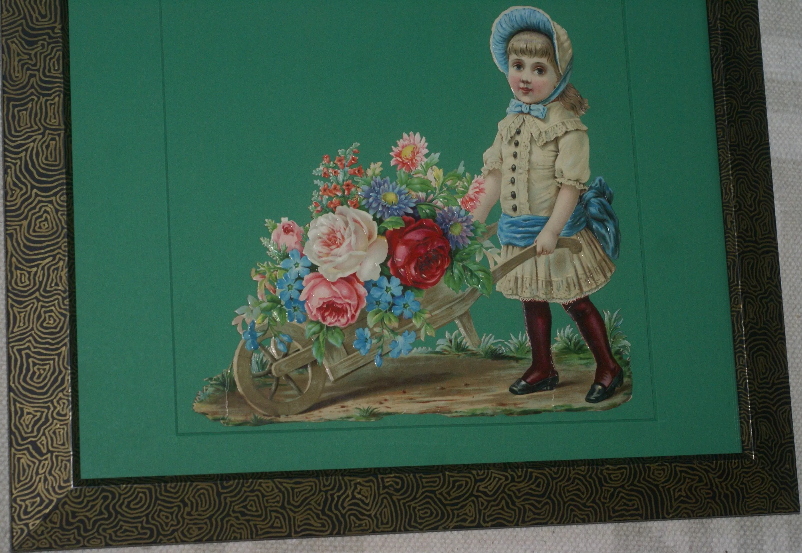 RARE EPHEMERA AMERICANA ANTIQUE WHIMSICAL ART 16 x 13” ORIGINAL 1880 LARGE VICTORIAN TRADE CARD AD DIE-CUT CHILD WHEELBARREL ROSES professionally framed in hand-painted detailed frame with 2 mats: DFPO2W WALL DÉCOR CUTE