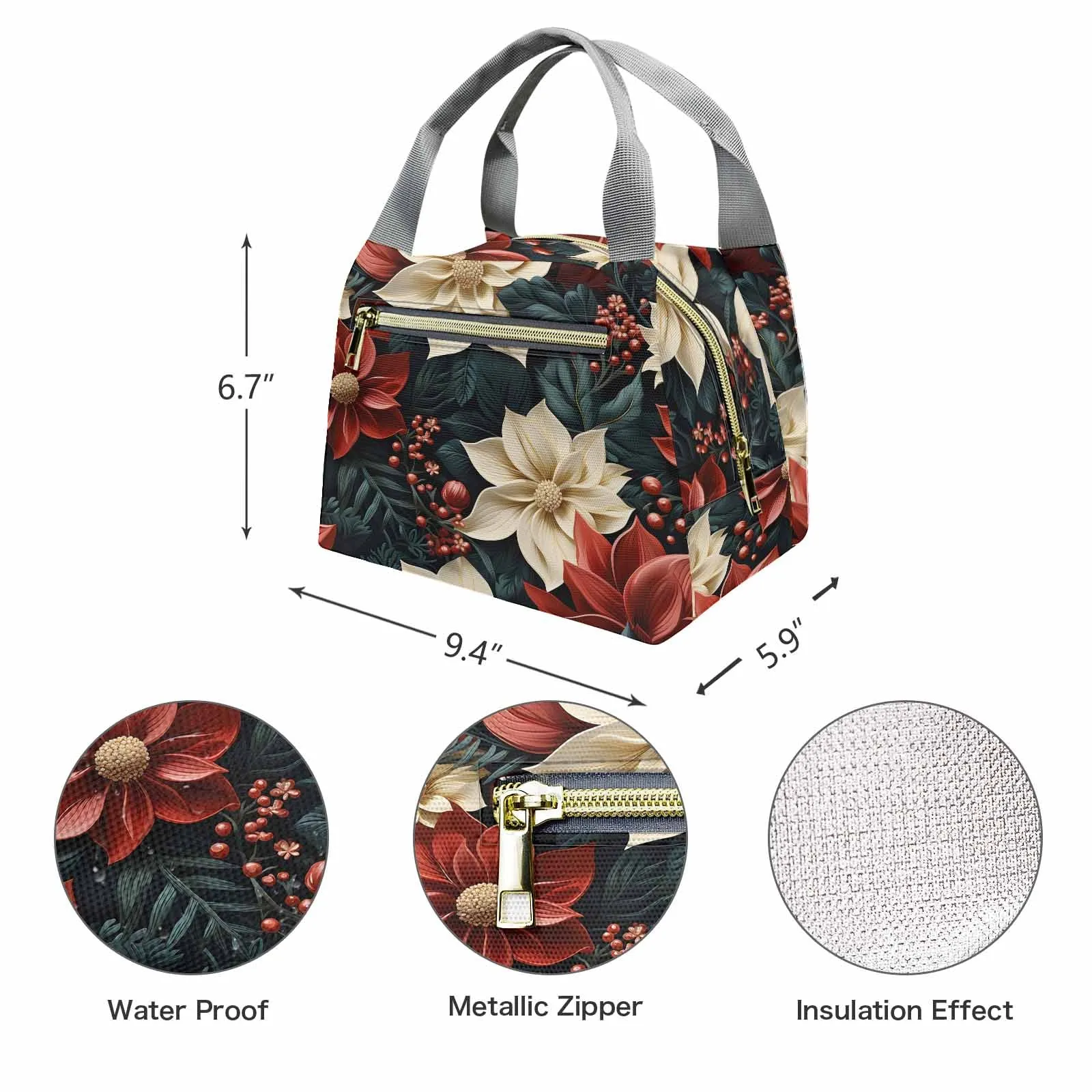 Red Poinsettia  Portable Lunch Bag-Grey Handle