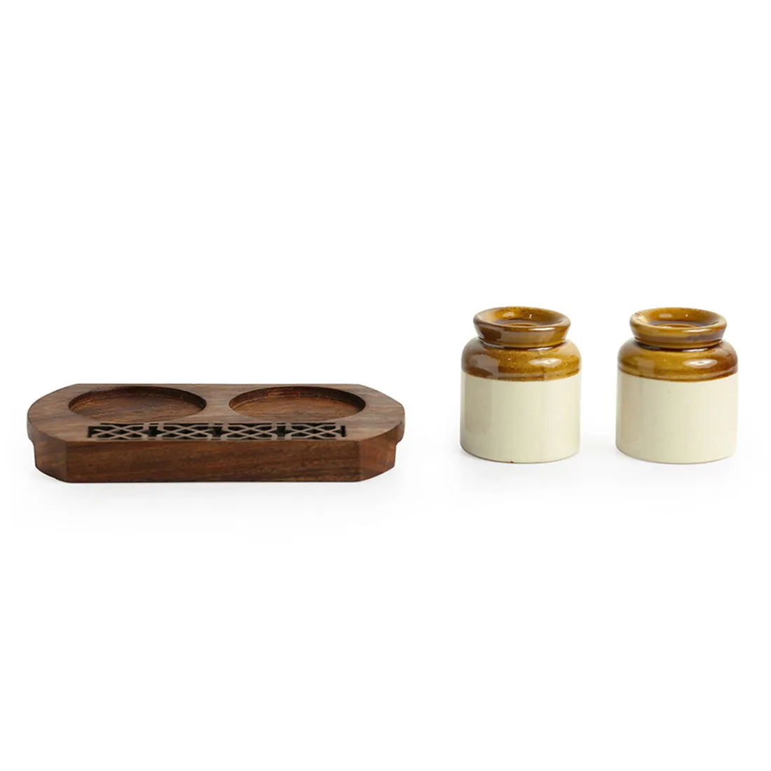 'Royal Garnishers' Old Fashioned Martban Ceramic Salt & Pepper Shaker Set With Sheesham Wooden Hand Carved Tray