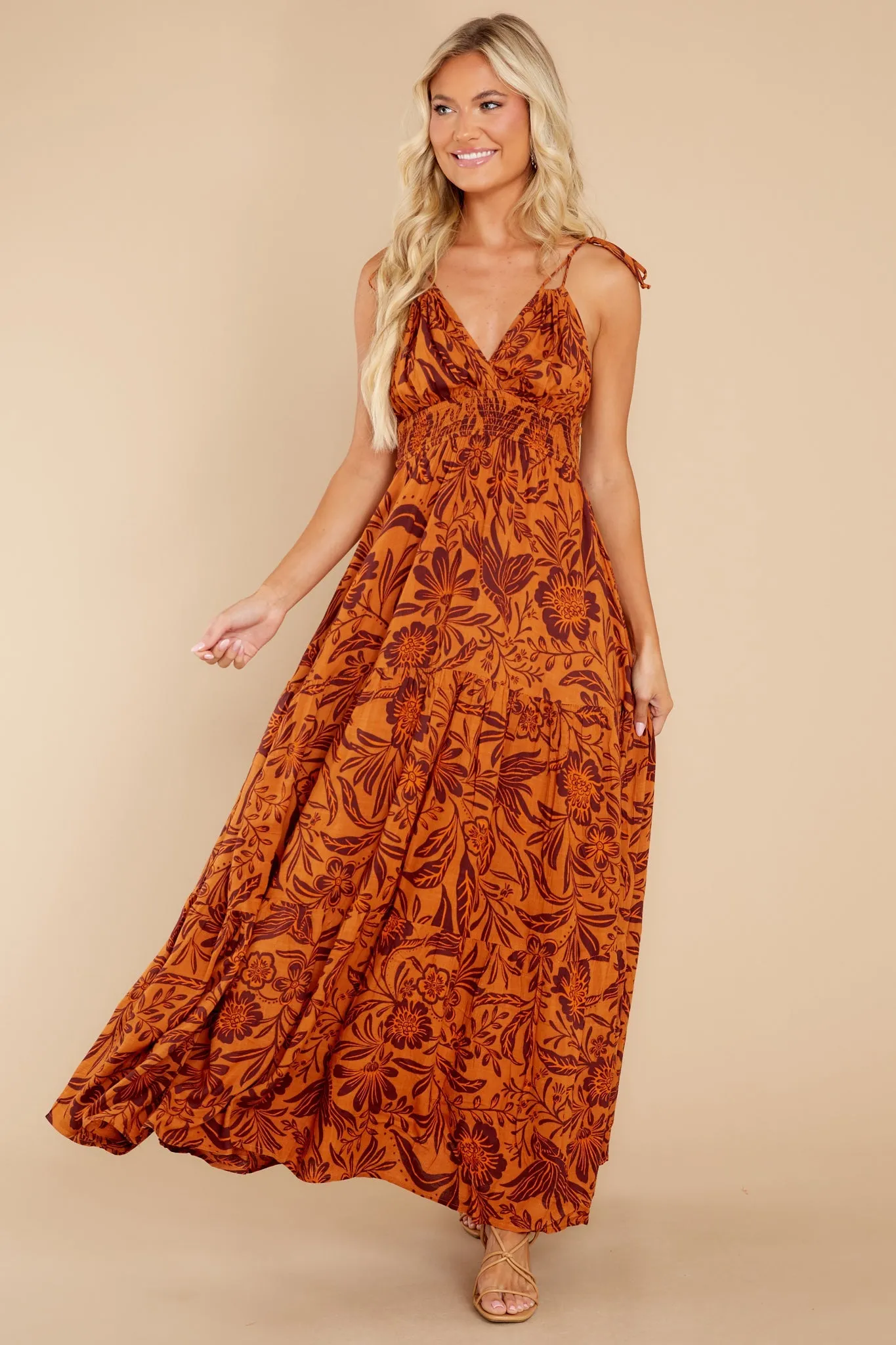 Splendid Living Golden Orange Floral Print Maxi Dress