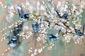 Splendid wrens and cherry blossoms - art print