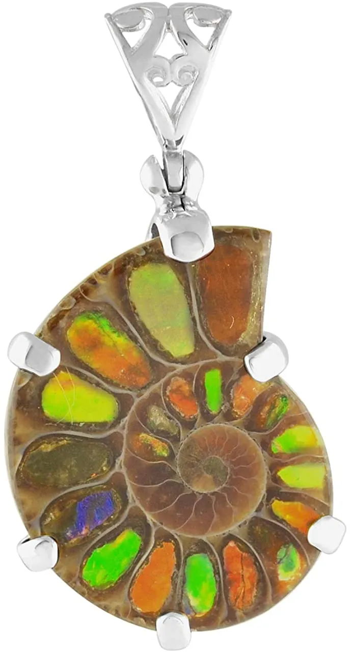 Starborn Ammonite with Ammolite Inlay Sterling Silver Prong Set Pendant with Filigree Eyelet