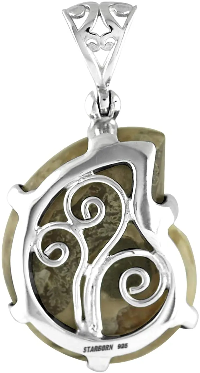 Starborn Ammonite with Ammolite Inlay Sterling Silver Prong Set Pendant with Filigree Eyelet