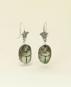 Sterling Silver Scarab and Lotus Carved Earrings