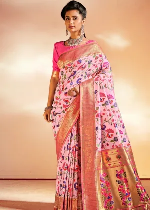 Taffy Pink Woven Banarasi Paithani Silk Saree