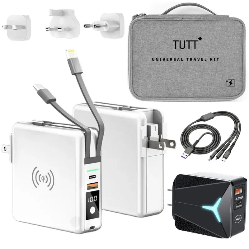 TUTT 4 in 1 Universal Travel Adapter 10000mah Power Bank | 3 Global Plugs Kit | Wireless Charging | 30W Type-C | 3 in 1 Multi Charging Cable | Carrying Bag EU,UK,USA,AUSTRALIA