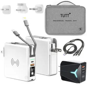 TUTT 4 in 1 Universal Travel Adapter 10000mah Power Bank | 3 Global Plugs Kit | Wireless Charging | 30W Type-C | 3 in 1 Multi Charging Cable | Carrying Bag EU,UK,USA,AUSTRALIA