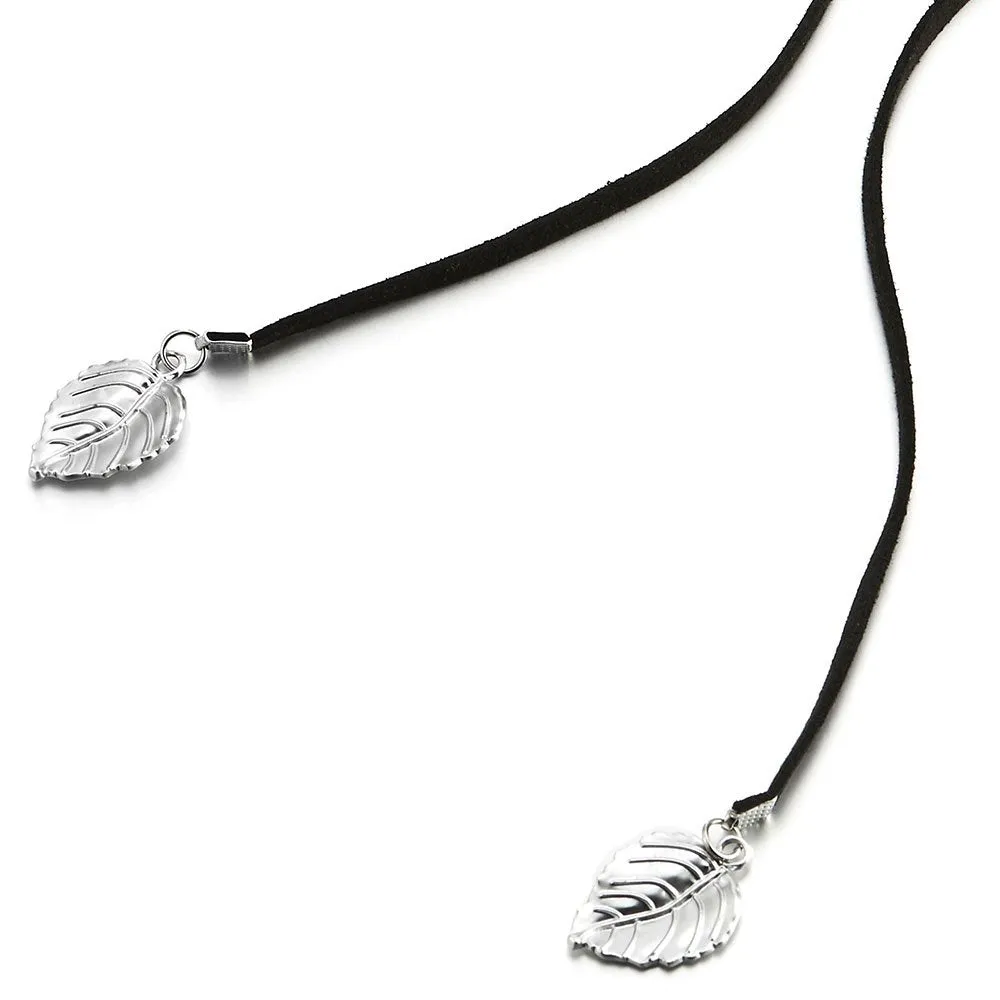 Womens Black Wrap Choker Necklace with Leaf, Bolo Tie Necktie, Lariat Necklace, Long Necklace