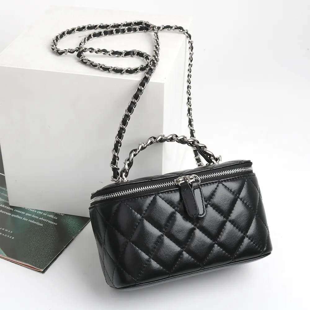 Womens Leather Quilted Box Cross Body Chain Bag With Mirror