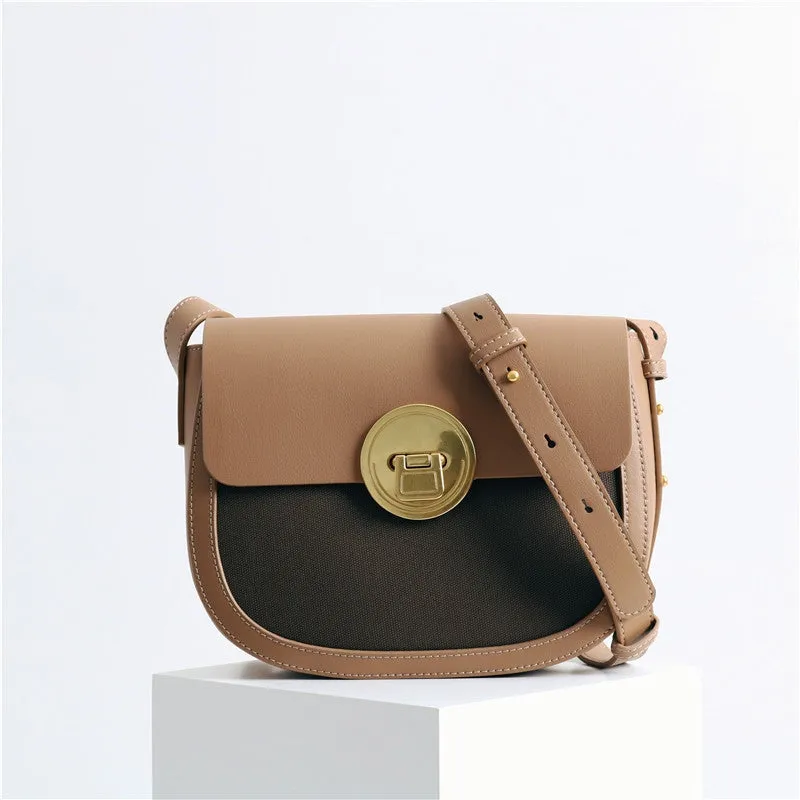 Womens Leather Saddle Canvas Colorblock Multi Bag