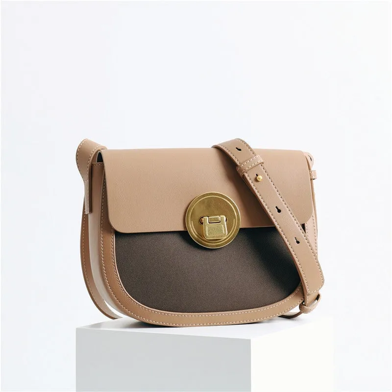 Womens Leather Saddle Canvas Colorblock Multi Bag