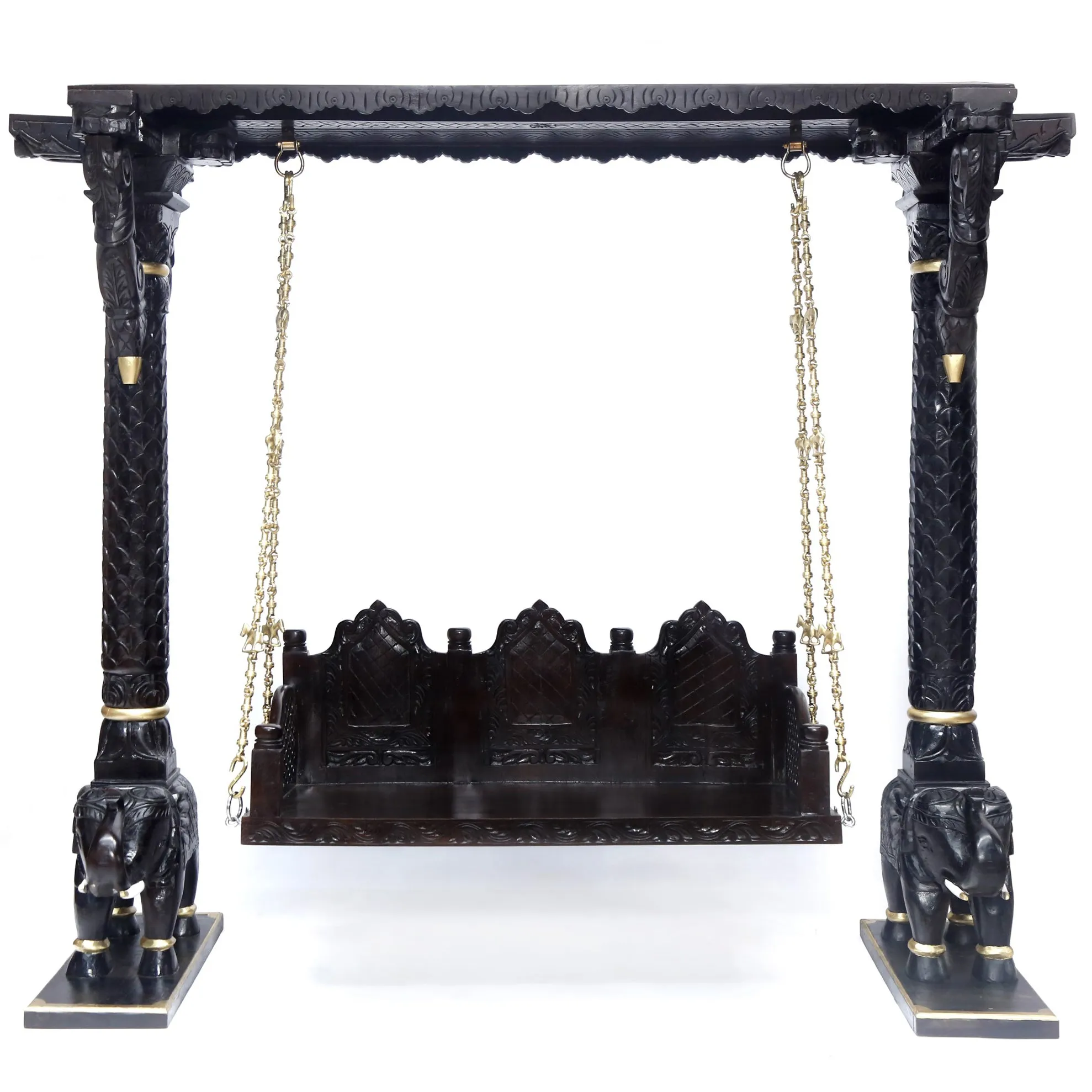 Wooden Brass Chain Royal Carved Elephants pillar Swing