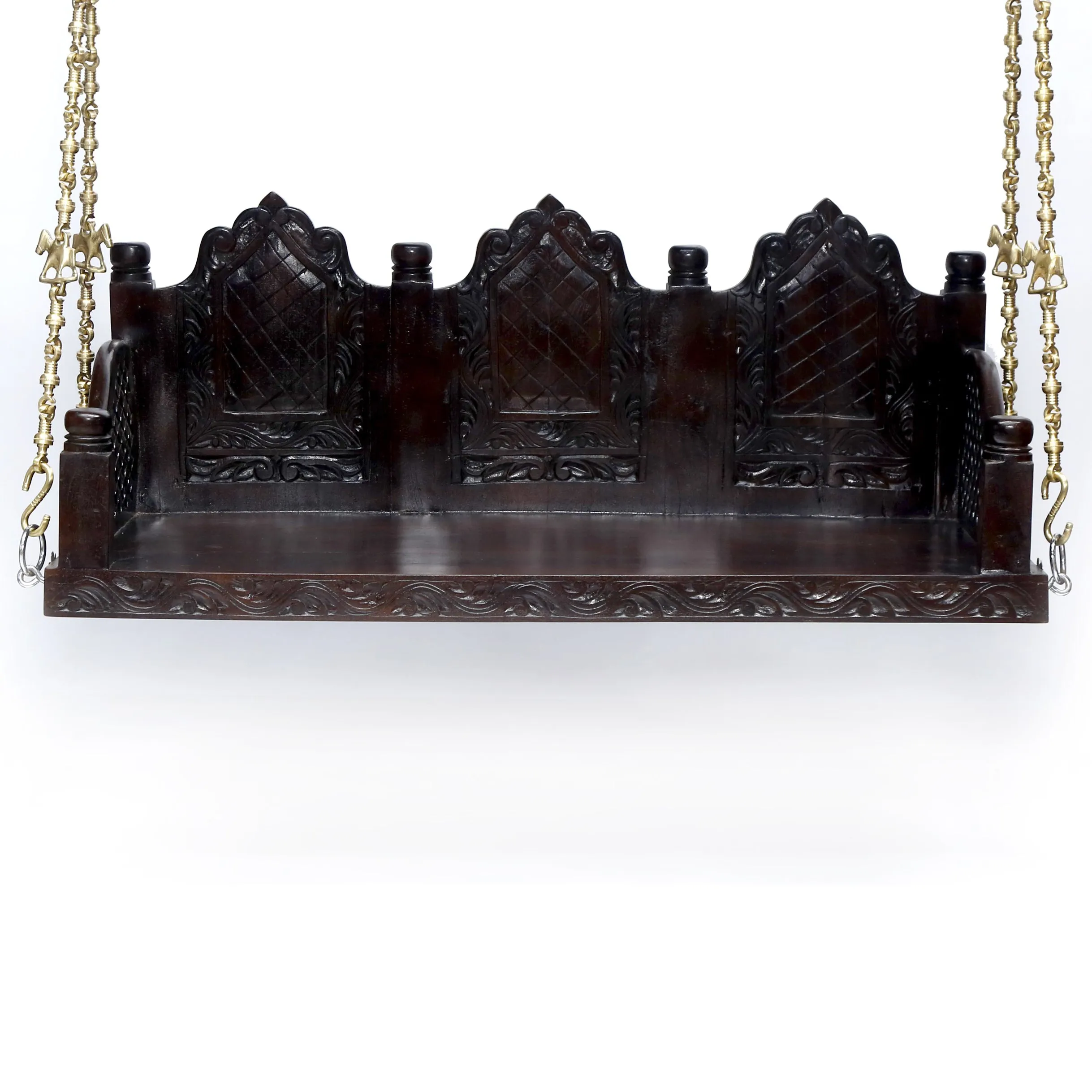 Wooden Brass Chain Royal Carved Elephants pillar Swing