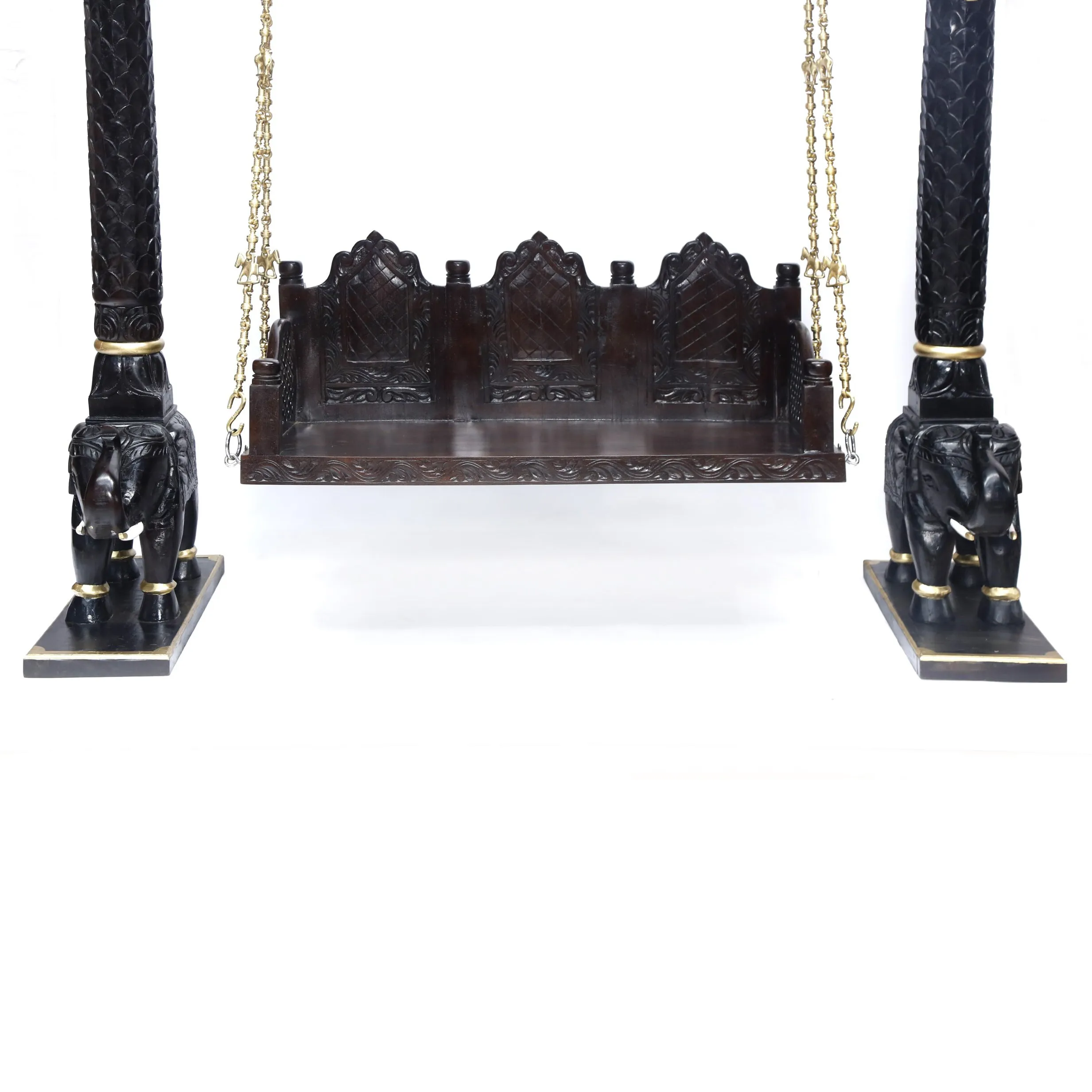 Wooden Brass Chain Royal Carved Elephants pillar Swing