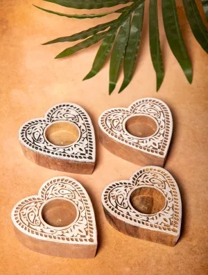 Wooden Engraved Tealight Holders (Set of 4) - Medium. Heart Shaped