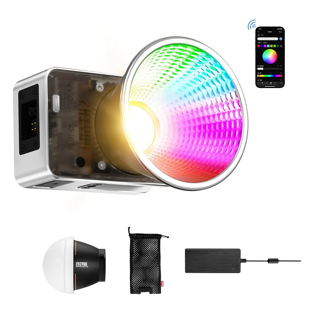 ZHIYUN MOLUS X60 COB LED 60W Bi-Color / RGB Compact Video Light with Mini Reflector   Diffuser, Creative Lighting Effects, Onboard Controls & Mobile Phone APP Interface for Studio Lighting, Photography, Filmmaking, Vlogging & Live Steaming